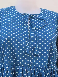 Robe maxi bleue à pois pour femmes, coupe ample, col en V, manches bouffantes, robe décontractée, tissu tissé 100% coton respirant - Product Image 4