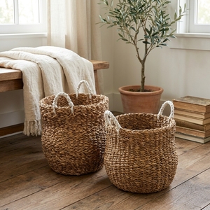 Cesta Redonda de Seagrass Natural Tejida a Mano con Asa, para Almacenamiento, Macetero, Cesto de Lavandería, Decoración y Diseño Artístico Puro - Product Image 5