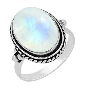 Bague solitaire ovale Gourik en argent sterling 925 avec pierre de lune arc-en-ciel, style bohème du Sud-Ouest, oxydée, pour usage quotidien - Product Image 1