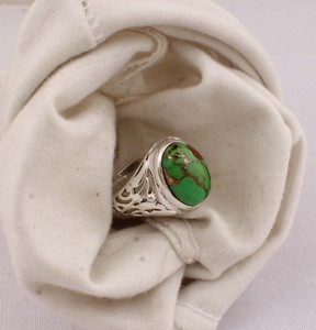 Vintage Green Copper <b>Turquoise</b> <b>Ring</b> 925 Sterling Silver Antique Style Victorian Design Green Gemstone <b>Ring</b> for Women Artisan - Product Image 3