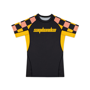 Saqbandco Rashguard noir à manches courtes, manches à carreaux, logo frontal, UPF50+, antibactérien, écologique, respirant, séchage rapide - Product Image 1