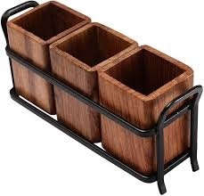 Soporte Ajustable para Cubiertos de Madera Ecológica Hecho a Mano, Marrón y Negro, Contemporáneo, con 3 Recipientes, de Hierro Forjado, para Cocina y Comedor - Product Image 3