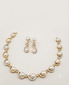 Elegant Simulated <b>Pearl</b> Collar Necklace With Earrings <b>Set</b> Two Tone Plated American Diamond Jewelry <b>Sets</b> For Party Wear Wholesale - Product Image 1