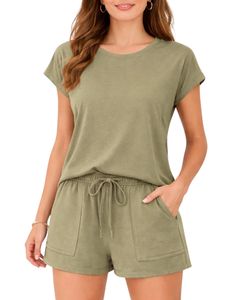 Olive <b>Green</b> Women Lounge Set Short Sleeve TShirt & Shorts Casual Summer Pajama Set Soft Breathable Cotton Blend Two Piece Outfit - Product Image 1