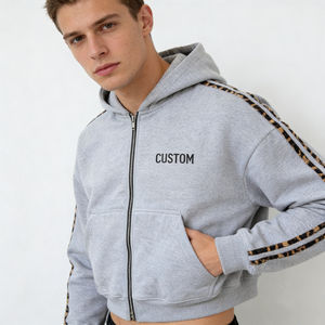 Sudadera con capucha para hombre, moderna, gris, con estampado de leopardo, personalizada, con cremallera completa, cómoda, extragrande, informal, para uso diario y estilo urbano - Product Image 3