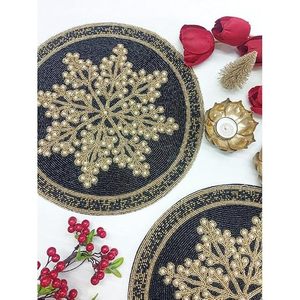 Round Embroidered <b>Snowflake</b> Table <b>Placemat</b> Navy Gold Fabric Handmade Glam Decor 450mm - Product Image 4