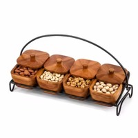 Ensemble de trois pots en bois à spirale rainurée avec support en fil de fer forgé, décoratifs pour la maison, la salle à manger, comme vaisselle à bonbons et bols à dattes