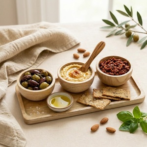 Handmade Acacia Wood <b>Condiment</b> Bowl Set with Long Serving <b>Tray</b> Eco-Friendly Mini Dipping Bowls for Snacks Sauces and Nuts - Product Image 3