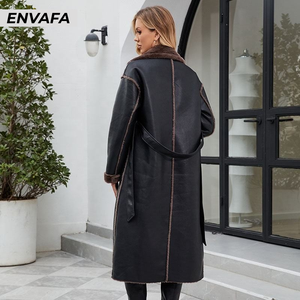 High Quality Luxury Belted Turndown Collar Wholesale Customize Thick Winter Solid Casual PU Leather <b>Fur</b> Coat Women's Long Coat - Product Image 5