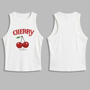 Custom Women <b>Cherry</b> Print Crop Tank <b>Top</b> White Sleeveless Ribbed Summer Casual Fitted Vest <b>Top</b> - Product Image 2