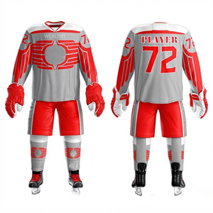 Ensemble d'uniformes de hockey sur glace personnalisés par sublimation, rouge et gris, pour joueur adulte, maillot sans manches col en V, pantalon en maille respirante - Product Image 6