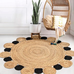 Tapis rond en jute avec pompons, style bohème, fait main, antidérapant, décoration de salon, poils plats, noir naturel - Product Image 3