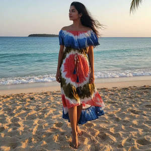 Vestido de playa tie-dye con hombros descubiertos y bajo asimétrico para mujer, ideal para vacaciones de verano, con volantes, rojo, azul, de algodón, estilo boutique, maxi. - Product Image 1