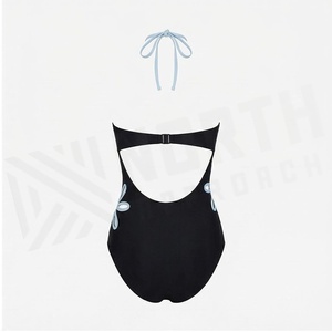 NORMA APPAREL Women's Black One-Piece Swimsuit With Light Blue Daisy Appliques Halter Neckline Stretch Fabric - Product Image 2