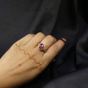 Bague de fiançailles et de mariage classique en argent sterling plaqué or avec rubellite, tourmaline et diamant, sertie en canal, idéale comme cadeau - Product Image 4