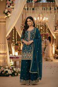 Salwar Kameez prêt-à-porter entièrement brodé en tissu de soie chinon Air Tex, taille unique, pour mariage / fête / événement. - Product Image 5