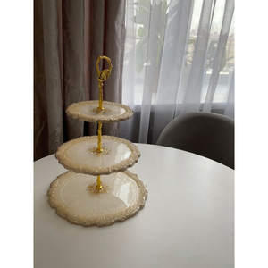Three Tier Resin Cake Stand With Gold Trim And Floral Design Reusable Dessert Display For Home And Hotel Decor In Lowest Price - Product Image 1