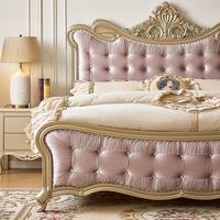 Cama Doble King Size Estilo Americano con Cabecera Tapizada en Rosa, Estructura de Madera Sólida - Cama de Alta Gama para Dormitorio de Adultos