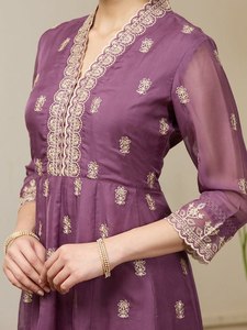 Purple Rayon Ankle-Length <b>Kurti</b> with Embroidery Traditional <b>Indian</b>-Pakistani Women's Casual Wear Loose Fit Dress - Product Image 3