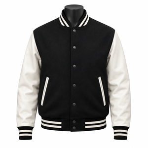 Custom Black <b>White</b> Wool Leather Varsity <b>Jacket</b> <b>Men</b> Classic Letterman Baseball <b>Jacket</b> OEM Embroidery Bulk Manufacturer - Product Image 1