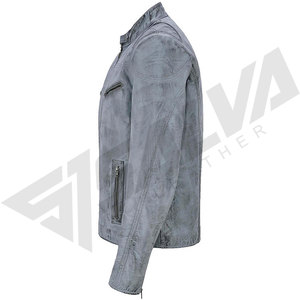 เสื้อแจ็คเก็ตหนังสีเทาสำหรับผู้ชาย หนังแท้หรือหนัง PU คอตั้ง ปิดด้วยซิป มีกระเป๋าหน้าอก ผิวสัมผัสแบบวอช ฟินิช สไตล์ฤดูใบไม้ร่วง - Product Image 5