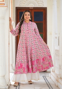 Chemise Anarkali en rayonne pour femmes grandes tailles, imprimé géométrique rose, col chemise, manches trois quarts, magnifique pour tous les jours - Product Image 4