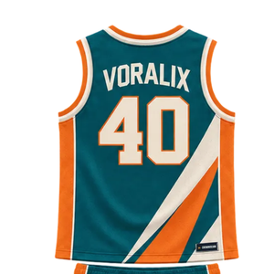 Ensemble d'uniformes de basketball personnalisés pour hommes, vert sarcelle, orange et crème, maillot sans manches à col en V, short, empiècements diagonaux, numéros d'équipe, kits en gros - Product Image 4