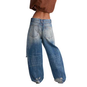 Jean en denim délavé pour femme, taille mi-haute, coupe droite, détails déchirés, style streetwear décontracté, coupe ample, bleu, pantalon tendance - Product Image 2