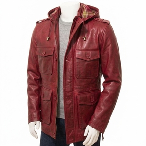 Chaqueta con capucha de cuero genuino negro para hombre con cierre de cremallera y múltiples bolsillos, estilo casual de otoño. - Product Image 4