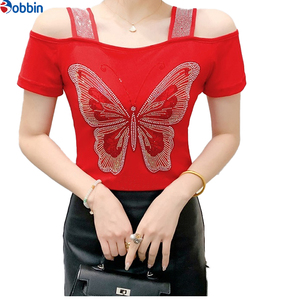 T-shirt noir à épaules dénudées pour femme, orné de paillettes et de strass, motif papillon, manches courtes, coupe ajustée, pour le printemps et l'été, tenue décontractée ou de club - Product Image 3