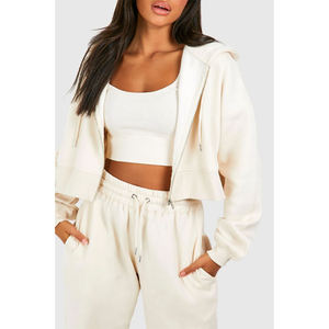 Conjunto de Top Corto con Capucha de Forro Polar Crema y Pantalones Anchos para Mujer, Estilo Casual, Holgado, de 2 Piezas, Color Sólido - Product Image 5