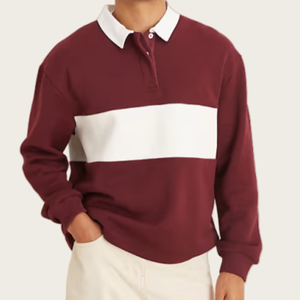 Chemises polo de rugby pour hommes à motif uni personnalisé, 100% coton, tissu tricoté, manches longues, style décontracté, coupe régulière - Product Image 2