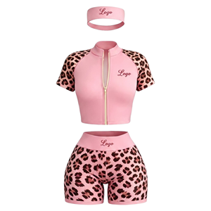 Custom Logo Women's 2 Piece <b>Set</b> Leopard Print Zip Up Crop Top High Waist Biker Shorts with Headband OEM Athleisure Wear - Product Image 4