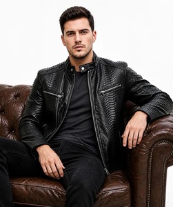 <b>Mens</b> <b>Leather</b> <b>Jacket</b> Black Snake Pattern <b>Leather</b> Biker– Stylish Zip-Up Outerwear - Product Image 4