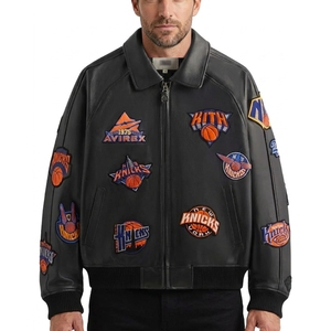 แจ็คเก็ตหนังวัวแท้สีดำพรีเมียมสำหรับผู้ชาย Kith x Avirex New York Knicks รุ่น Varsity Bomber สีดำ |   เสื้อผ้าบาสเก็ตบอลสตรีทแวร์แบบยูนิเซ็กส์ - Product Image 1
