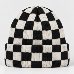 Bonnet tricoté personnalisé à motif damier, style streetwear, unisexe, chaud, avec revers, mode, OEM ODM, vente en gros, logo SE brodé - Product Image 6