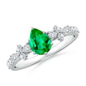 Bague de fiançailles en or massif 14 carats avec pierre latérale en émeraude en forme de poire et accents faits main, bijoux fins personnalisés pour mariage et fiançailles - Product Image 1