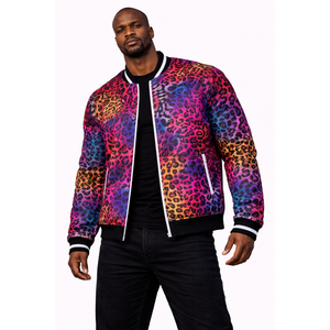 Chaqueta bomber para hombre con estampado de leopardo arcoíris multicolor, con cremallera y ribetes acanalados, estilo streetwear, cortavientos, ideal para festivales y fiestas. - Product Image 1