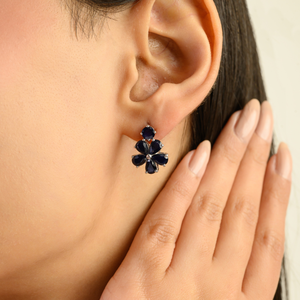 Best Selling Floral Unique Design 925 Sterling <b>Silver</b> Genuine Round & Pear Shape Blue Sapphire September Birthstone <b>Stud</b> Earring - Product Image 2
