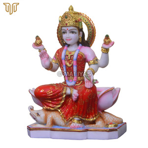 Marble Ganga Mata Statue Seated on Makara- 12 Inch | Red Attire, Ornate Crown and Sacred Water Pots by MALIYAS Jaipur India - Product Image 4