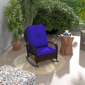 Sedia a dondolo in rattan blu scuro per appartamento, sedia a dondolo da esterno in vimini con telaio in acciaio e cuscino in poliestere per patio, giardino, cortile - Product Image 2