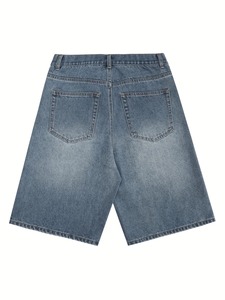 Shorts en jean délavé pour homme, coupe droite, taille mi-haute, décontracté, été, en tissu de coton tricoté - Product Image 2