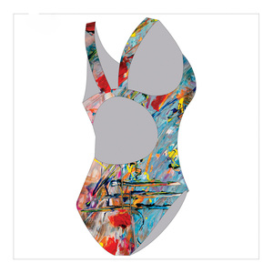Traje de baño de una pieza para mujer, cuello halter, estampado asimétrico, spandex, poliéster, traje de baño elástico, patrón azul, naranja y rojo - Product Image 3