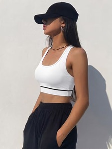 High Stretch <b>Mesh</b> Panel Racerback Workout Sports Bra Stripe Contrast Band Women Activewear Running Gym Yoga <b>Crop</b> Tank <b>Top</b> - Product Image 4