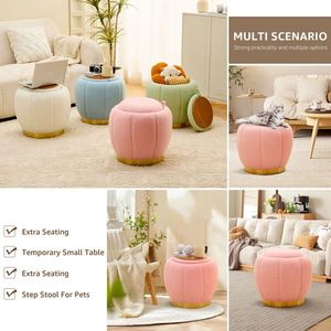 Modern Round Floral <b>Storage</b> Ottoman Soft Padded Teddy Velvet Footstool with Accent <b>Small</b> <b>Table</b> Plant Stand - Product Image 6