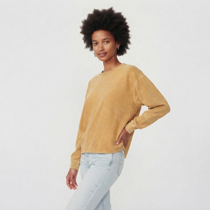 Camiseta de algodón de manga larga con cuello redondo y efecto lavado a la piedra para mujer, ajuste holgado, color liso, tejido transpirable, ideal para verano. - Product Image 4