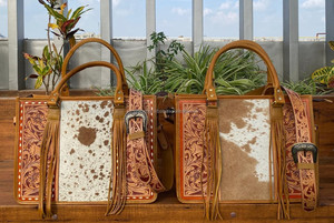 กระเป๋าโท้ทหนังลายดอกไม้สำหรับผู้หญิง, กระเป๋าหนังแท้แบบมีสายคาดตัวกระเป๋าถือหนังวัว - Product Image 4