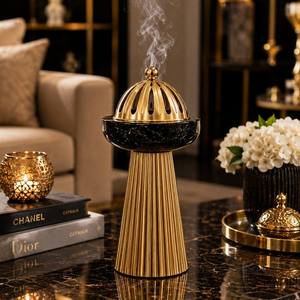 Brûleur d'encens moderne de luxe en marbre noir Portoro avec base en laiton brossé et dôme en maille nid d'abeille - Product Image 6