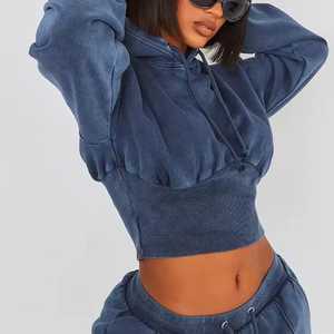 Wholesale Two Piece Crop Top Hoodie and <b>Sweatpants</b> <b>Set</b> for Women Custom Fleece Oversized Pullover Cropped - Product Image 3