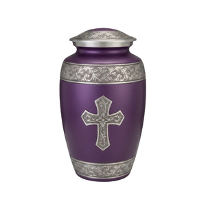 Urne funéraire en métal pour adulte avec une belle gravure en forme de croix, finition argentée et violette, en aluminium, pour cendres humaines. - Product Image 1